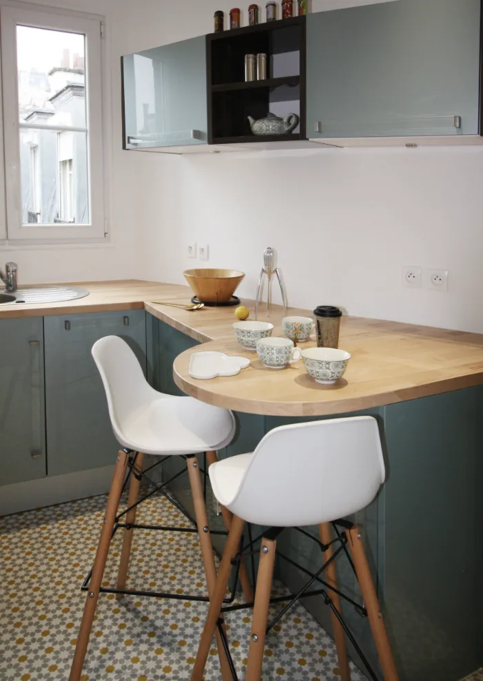 Open kitchen — sage green breakfast bar